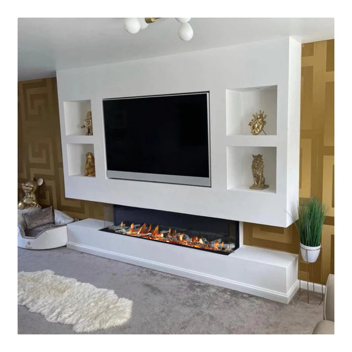 E2000 Icona panoramic 3 sided deep display E2000mm / 79inch wide electric media wall fire App & Alexa controlled