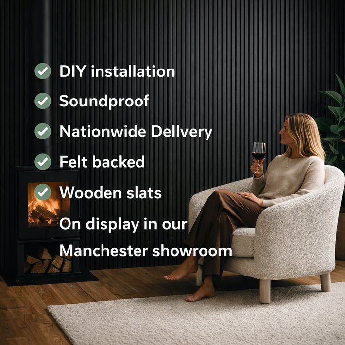 Jet black Acoustic Premium slatted wooden felt back wall Panels 2400mm x 600mm - x1 Panel