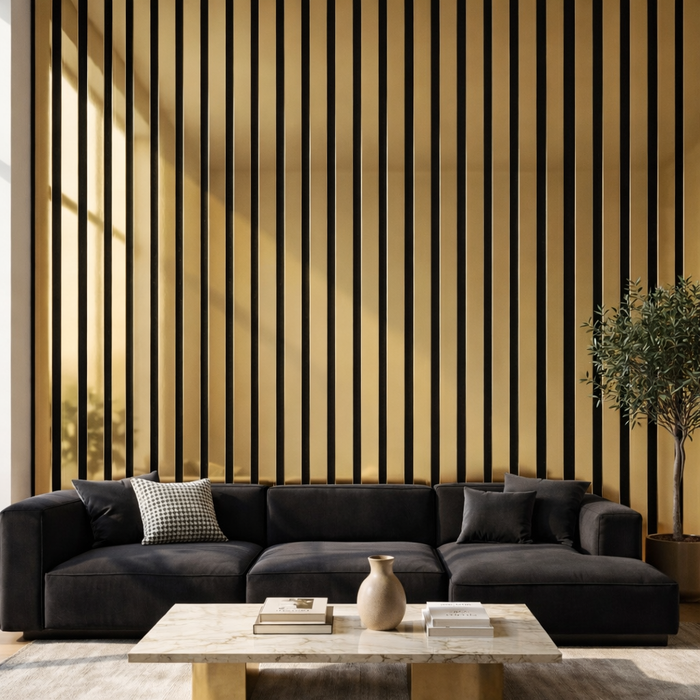 Extra Wide Gold Effect Acoustic Premium slatted wooden felt back wall Panels 2400mm x 600m x18mm