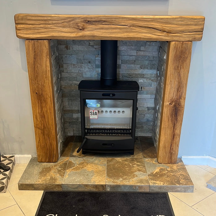 Fireline FQ5 wide stove package with oak beam